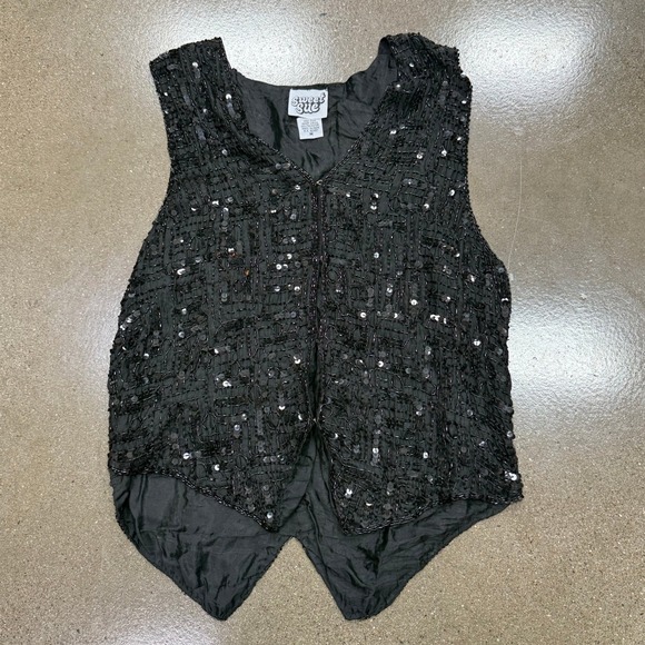 Sweet Sue Jackets & Blazers - Sweet Sue Vintage Black Beaded Silk Sequin Vest Women Medium Hook Eye Closure